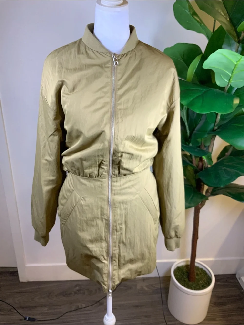 Zara Olive Green Long Bomber Jacket